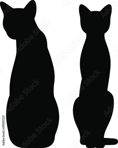 Two cat silhouettes sitting side by side, one larger and broader, the other slimmer and shorter, isolated on white background, ideal for pet and design concepts.