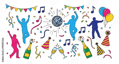 People Celebrating Party with Balloons Confetti.