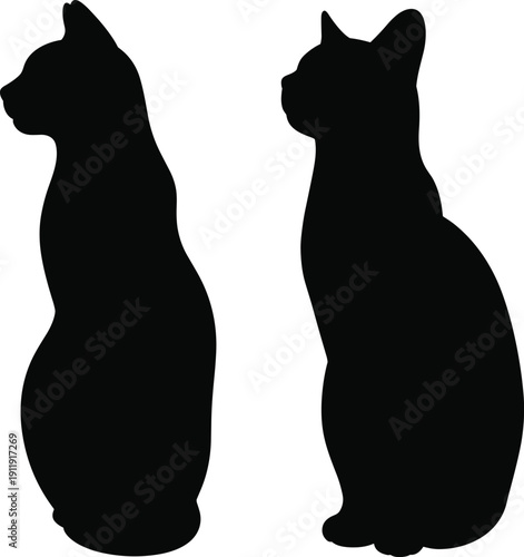 Photos Two cat silhouettes sitting upright in profile view, both facing left, one rounder and one slender, isolated on white background, ideal for pet and design concepts