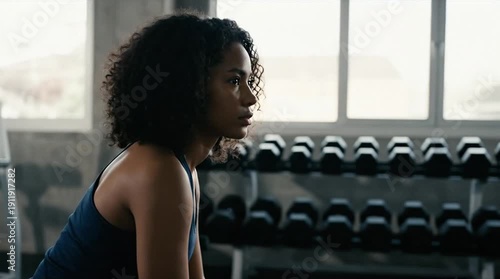 Focused Young Woman in Athletic Wear Taking a Break During Intense Gym Workout Session with Dumbbells in Background