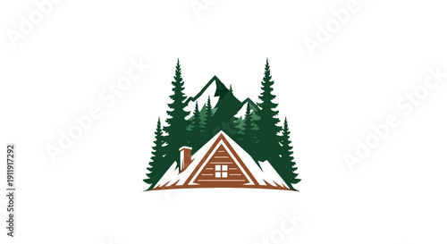 Cabin in Mountains with Snowy Trees.