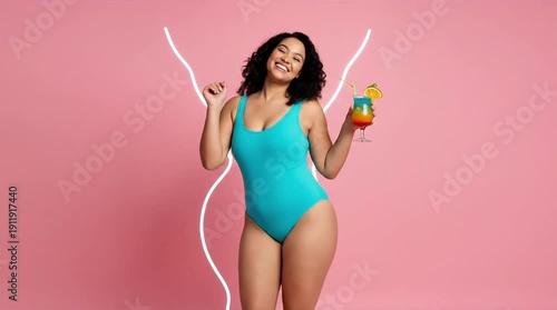 Joyful Curvy Woman in Turquoise Swimsuit Holding a Colorful Cocktail, Celebrating Body Positivity and Summer Fun on a Vibrant Pink Background