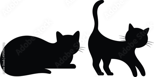 Two cat silhouettes, one lying curled with head upright and one standing with raised tail, isolated on white background, ideal for pet and design concepts.