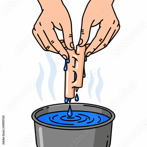 Illustration of human hands dipping a tall candle into a pot of blue melted wax with steam and ripples