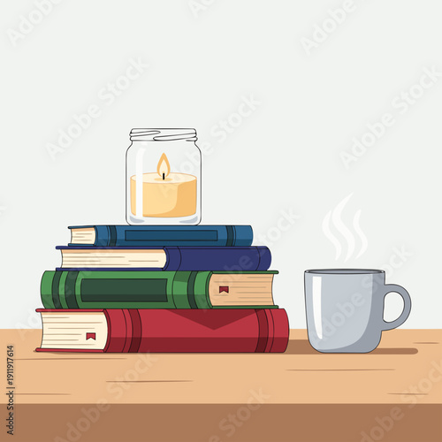 Flat illustration of a stack of books with a burning candle in a glass jar and a steaming mug of coffee on a wooden table