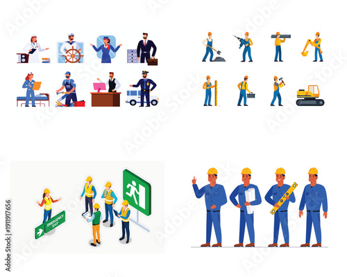Set of diverse professionals in various job roles, including maritime, business, and construction industries