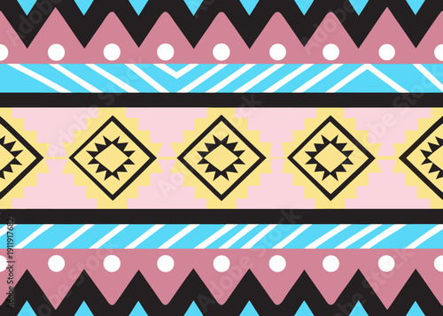 Colorful geometric tribal pattern with horizontal bands of triangles and diamonds in pastel tones.
