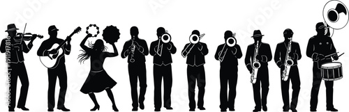 Large collection of black and white musician silhouettes featuring a diverse band playing instruments like violin guitar saxophone and drums isolated on white background.
