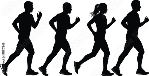 Large collection of black and white runner silhouettes featuring diverse men and women in various running and jogging poses isolated on white background for design.