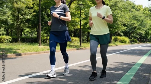 Two Active Women Jogging on a Paved Path in a Lush Green Park, Embracing Outdoor Fitness and a Healthy Lifestyle