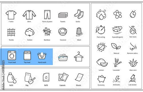 Set of icons for laundry clothes. The outline icons are well scalable and editable. Contrasting vector elements are good for different backgrounds. EPS10.