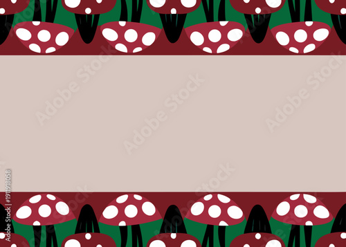 Decorative frame with stylized red fly agaric mushrooms on a green background and copy space