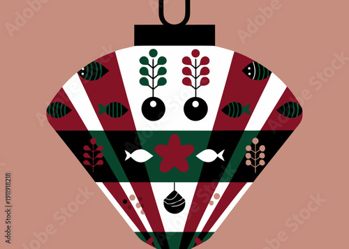 A stylized christmas bauble ornament with folk art patterns and fish motifs on a pink background