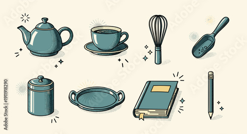 A collection of kitchen utensils including a teapot, cup, whisk, scooper, notebook, and pencil in a modern flat vector style, ideal for culinary and creative projects