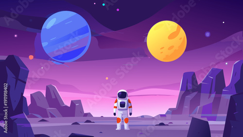 Astronaut stands on a rocky planet gazing at distant planets and stars
