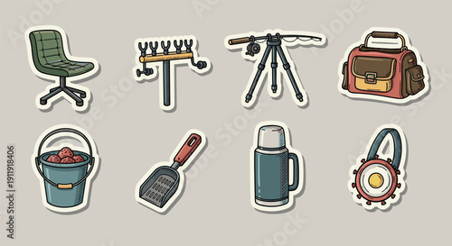 A collection of outdoor and gardening tools stickers including a bucket, shovel, tripod, and backpack in flat modern vector style, perfect for creative projects and outdoor themes