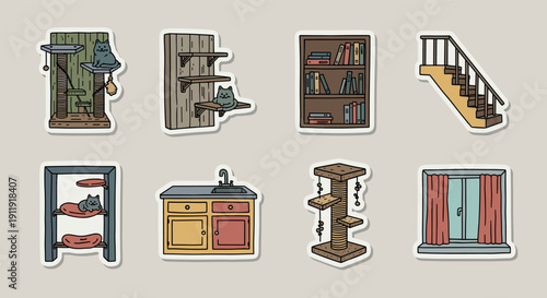 A set of cozy and playful cat-themed furniture stickers including shelves, cabinets, and a staircase in colorful vector style, perfect for home decor and pet lovers