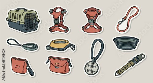A collection of pet accessories including a carrier, harnesses, leashes, and bowls in a colorful cartoon vector style, ideal for pet care branding and marketing