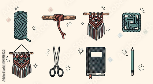 A collection of macrame crafting tools and materials including yarn, scissors, and a notebook in minimalist vector style, ideal for DIY and crafting projects