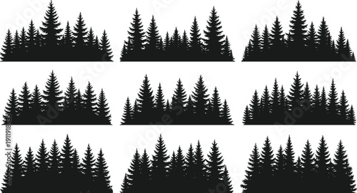 Collection of pine forest silhouettes isolated on light background, evergreen tree landscape set in black vector style for woodland scenery, nature design and outdoor environment themes