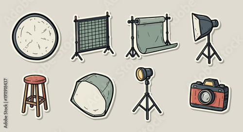 A collection of photography studio equipment icons including lights, backdrops, and a camera in a colorful flat vector illustration style, ideal for creative projects and design.