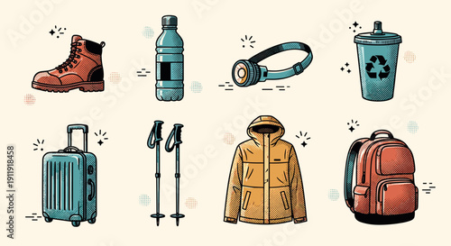 A collection of travel gear icons including boots, a water bottle, a backpack, and outdoor clothing in colorful vector style, perfect for adventure-themed projects