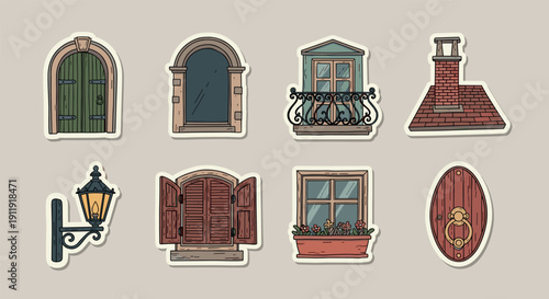 A collection of decorative doors, windows, and balconies in colorful vintage vector style, ideal for architectural designs and home decor projects