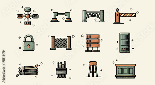 A collection of various icons including a lock, barriers, furniture, and electrical components in flat modern vector style, suitable for design and technology projects