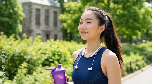 Smiling Young Asian Woman with Headphones and Shaker Bottle Enjoying a Healthy Walk in a Sunny Green Park