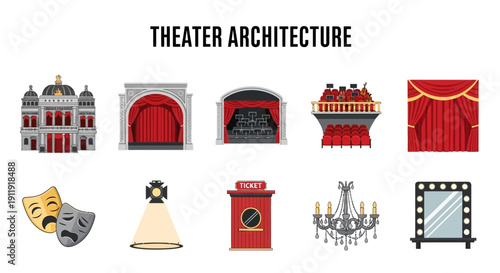 A collection of ten illustrations related to theater architecture and props on a white background