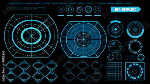 Futuristic user interface elements with radar and targeting system displays