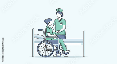 Nurse Assisting Patient in Wheelchair at Hospital Bed