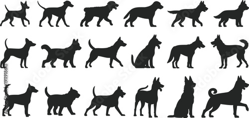 Black dog silhouettes collection, various breeds and postures, standing, sitting, walking, design elements for stock photography, vector illustration