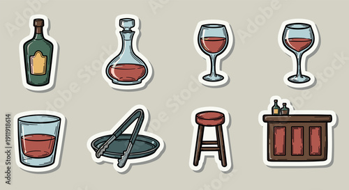 A collection of wine bottles, glasses, and barware in flat modern vector style, ideal for beverage branding and restaurant menus