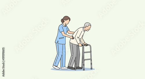 Nurse assisting elderly man with walker in healthcare setting