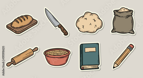 A collection of baking-related icons including bread, knife, rolling pin, bowl, and flour sack in flat design style, ideal for culinary themes