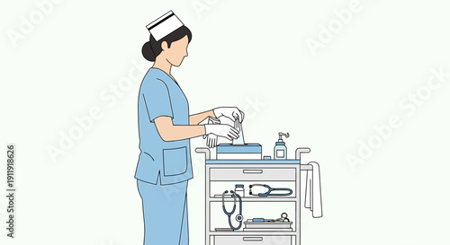 Nurse Preparing Medical Supplies from Cart for Patient Care