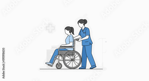 Nurse pushing patient in wheelchair, healthcare and medical support illustration