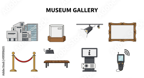 Collection of cartoon icons representing elements found in a museum gallery