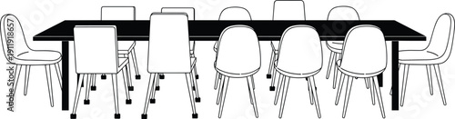 Modern dining table with chairs silhouette isolated on light background, minimalist furniture vector illustration representing interior design, dining room setup and contemporary home decor concept