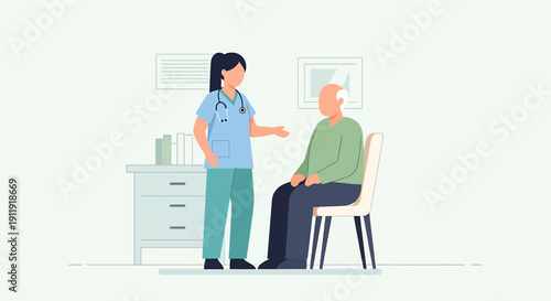 Nurse Consults Elderly Patient in Clinical Room - Healthcare Illustration
