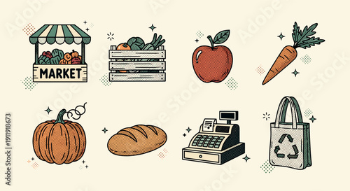 A collection of market-themed icons featuring fruits, vegetables, a pumpkin, bread, a cash register, and a shopping bag in a flat vector style, perfect for grocery store branding