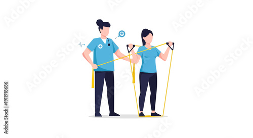 Physical therapist assisting patient with resistance band exercise for rehabilitation