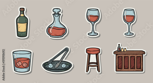 A collection of bar-related icons featuring a bottle, glasses, a cocktail shaker, ice cubes, and a bar stool in a colorful cartoon style, perfect for cocktail menus and bar branding