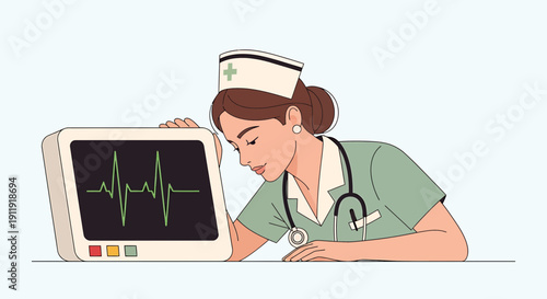 Tired Nurse Leaning on Medical Monitor Displaying Heartbeat