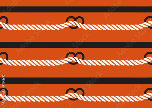 Seamless nautical pattern with white ropes and knots on orange and black horizontal stripes background.