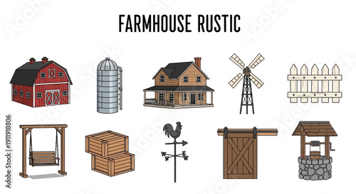 Collection of ten cartoon illustrations of farmhouse and rustic elements on a white background