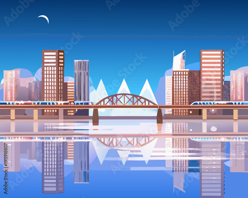 Stylized cityscape featuring a bridge river and distant mountains