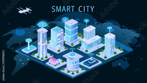 Isometric illustration of a futuristic smart city with glowing buildings