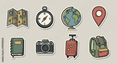 A collection of travel-themed icons including a map, compass, globe, suitcase, camera, notebook, and backpack in colorful flat vector style, ideal for travel blogs and adventure projects